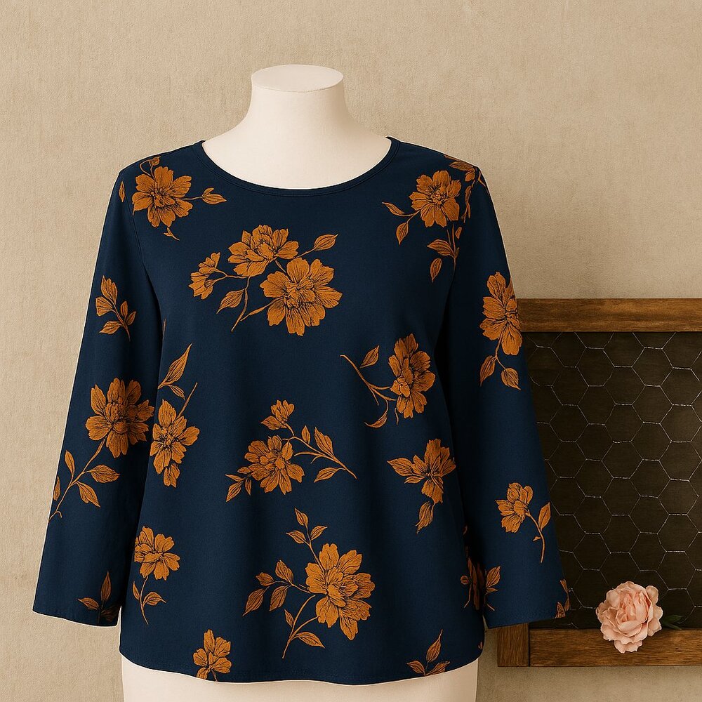 J.Jill Navy Floral Long Sleeve Blouse – Soft Drape Artisan Print Top Size L